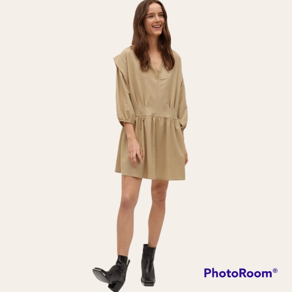 MANGO Rimel Flowy Pleated Dress,Size S/4, Tan
